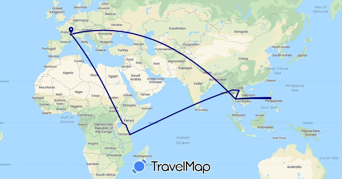 TravelMap itinerary: driving in France, Kenya, Laos, Philippines, Thailand, Tanzania (Africa, Asia, Europe)
